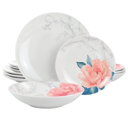 Martha Stewart 12 Piece Fine Ceramic Floral Dinnerware Set in White 128864.12