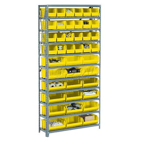 Global Industrial Steel Open Shelving - 17 Yellow Plastic Stacking Bins 6 Shelves - 36x12x39 603244YL