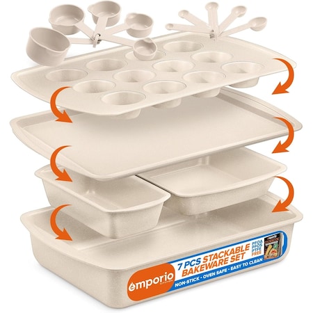 Emporio Kitchen Stackable Baking Pan Set, Deluxe Nonstick White Marble Coating, Carbon Steel Bakeware Sets EMPSTK1123