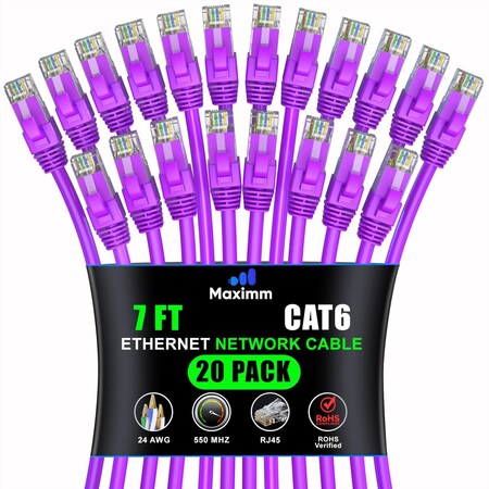 Maximm Cat6 Ethernet Cable 7ft 10Gbps 550MHz UTP, 20PK, Purple, 20PK CAT6CCA-7PU-20PK