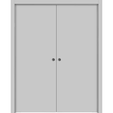 Sartodoors Modern Double Pocket Doors, Planum 0010 Matte Grey, Kit Trims Rail Hardware, Solid Wood Interior Be PLANUM0010DP-GRE-8496