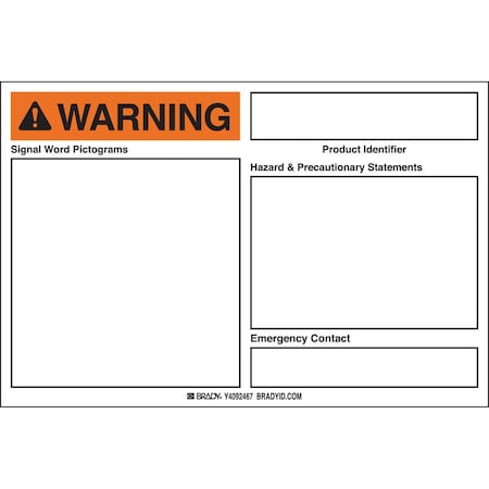 Brady Blank WARNING GHS Labels, 4in H x 6in W x .004in D, Vinyl, 50PK 145957