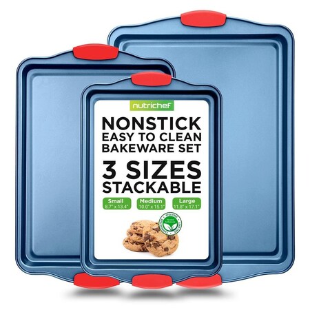 Nutrichef 3-Piece Nonstick Cookie Sheets for Baking, Blue NCSBSBL3
