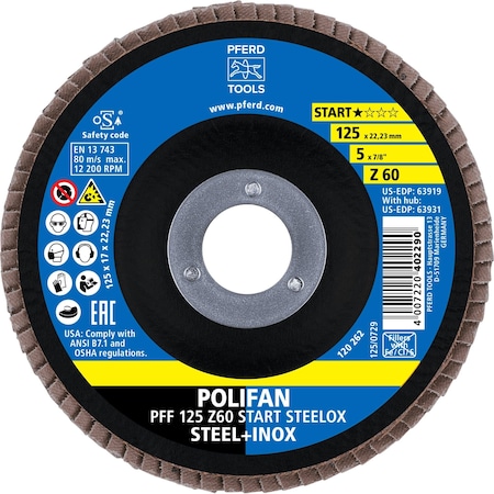 Pferd 5'' Flap Disc, 7/8'' Arbor, 60 Grit, Z START STEELOX, Type 27, Flat, Zirconia 63919