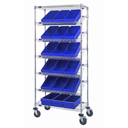 Quantum Storage Systems WIRE SHELVING UNIT W/18 BLUE BINS MOBILE MWRS-7-606BL