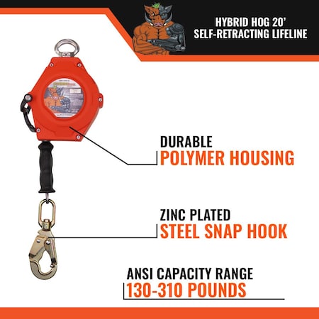 Malta Dynamics Hybrid Hog Self-Retracting Lifeline, 20 ft Length, 310 lb Weight Capacity C9000-G2