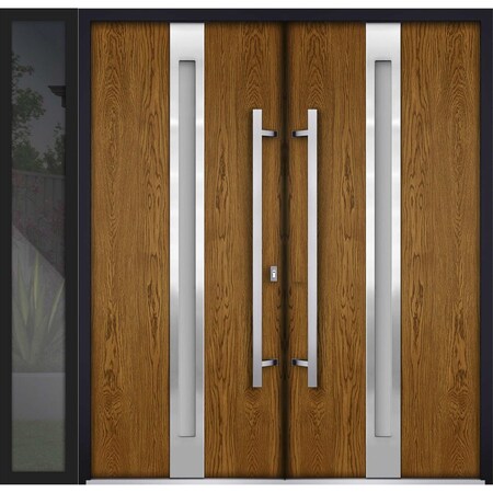 Vdomdoors Metal Double Doors Deux 1744 Natural Oak Frosted Glass 1 Sidelight Entry Modern Painted 84x80 (W72+ DEUX1744DEXD-OAKB-W72+12xH80-LH-O