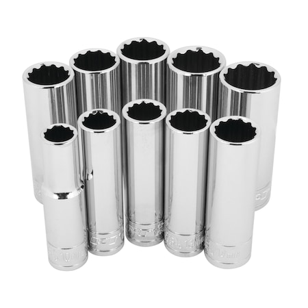 Performance Tool 10 pc. 3/8 in. Dr. 12pt Met Deep Socket Set, SAE/Metric, CrV W38700