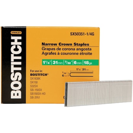 Bostitch 18-Gauge Galvanized Narrow Crown Finish Staple 7/32''x1-1/4 In., 3000 Ct. SX50351-1/4G