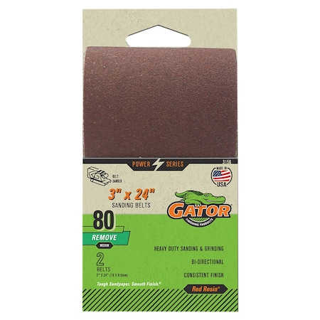Gator Finishing Red Resin 3 x 24 in. Sanding Belt, 80 Grit, Medium, 2PK 3156