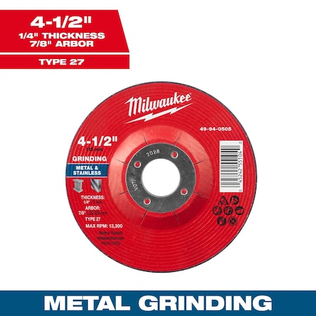 Milwaukee Tool Grinding Wheel, 4 1/2" dia. 49-94-0505