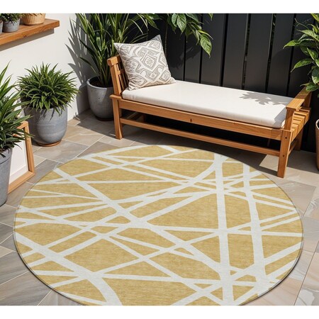 Homeroots 8' Gold And Ivory Round Geometric Washable Indoor Outdoor Area Rug 600452