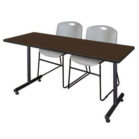 Regency Kobe T-Base Training Seminar Table W/ 2 Zeng Stack Chairs, 60 in W, 24 in L, Neo Walnut MKTRCT6024NW44GY