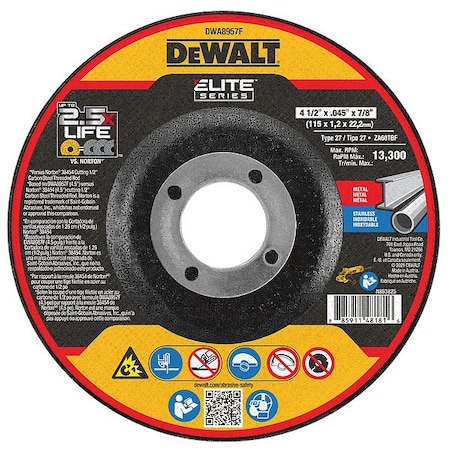 Dewalt Depressed Center Cut-Off Wheel, Type 27, 4 1/2 in Dia, 0.045 in Thick, 7/8 in Arbor Hole Size DWA8957F