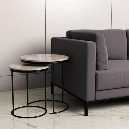 Homeroots Set of Two Brown Gray and Black Marble and Metal Round Nested Tables 632681