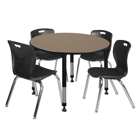 Regency Round Kee Adjustable Classroom Table W/ 4 Andy Stack Chairs, 48 in W, 48 in L, Noble Oak TB48RNDNOAPBK40BK