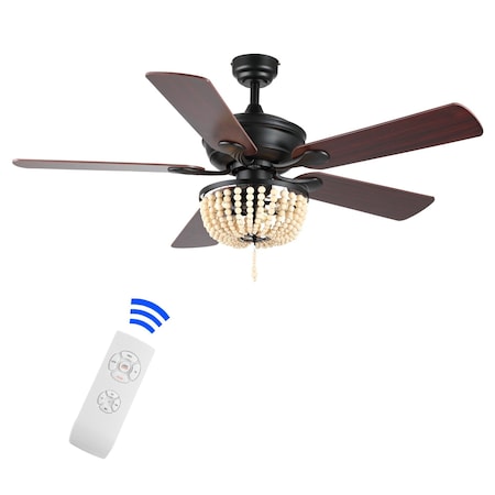 Jonathan Y Erin 52" 3-Light Rustic Farmhouse Iron/Wood Bead Mobile-App/Remote-Controlled LED Ceiling Fan, Black/ JYL9618B