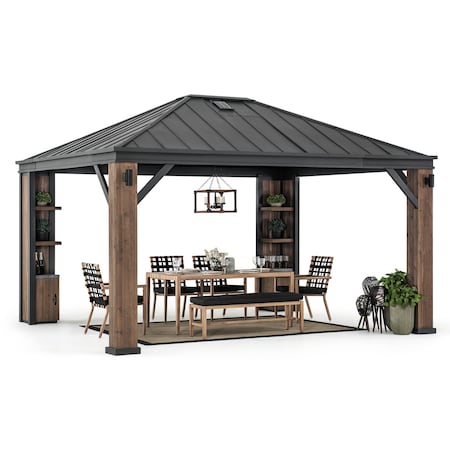 Sunjoy Elmgrove 12ft x 14ft Solar Powered Cedar Wood Framed Steel Hardtop Gazebo, LED, Bluetooth Sound A102012800