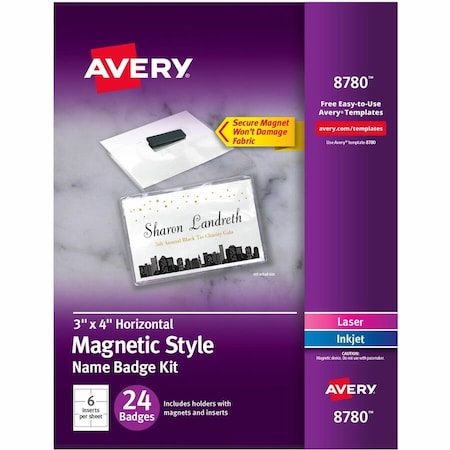 Avery Dennison MAGNETIC STYLE NAME BADGE KIT, HORIZONTAL, 4in X 3in, WHITE, 24PK 8780