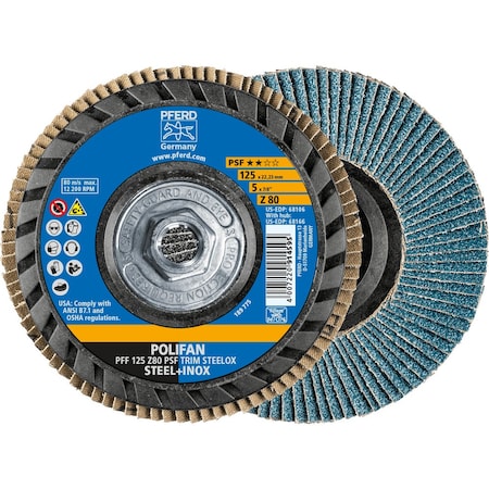 Pferd 5'' x 5/8-11 Thd. POLIFAN Flap Disc - Z PSF TRIM STEELOX, Zirconia, 80 Grit, Flat 68166