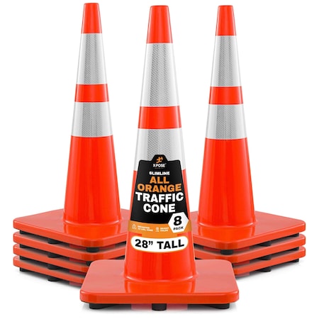 Xpose Safety 28 Inch Orange Slim Line Traffic Cones Heavy Duty 10lb with 6in and 4in Collars, DOT Approved, 8PK AOTC28SL-64-10L-8-X