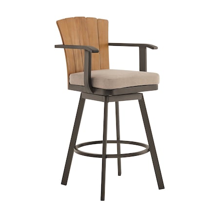 Armen Living Hazel Outdoor Patio Swivel Counter Stool in Aluminum with Teak Wood and Brown Cushion LCHABABRN26