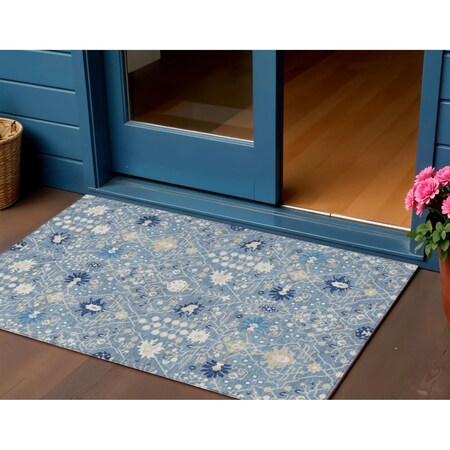 Homeroots 3' X 5' Denim Blue Ivory And Beige Oriental Washable Indoor Outdoor Area Rug 598034