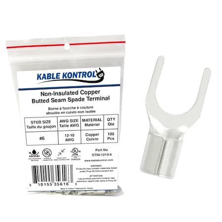 Kable Kontrol Non Insulated Copper Butted Seam Spade Terminal, 12-10 AWG, Stud Size # 6, 100 Pcs, 100PK STNI-1210-6