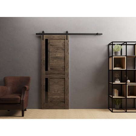 Sartodoors Sturdy Barn Door 28 x 84in, Cognac Oak W/ Black Glass, 6.6FT Rail Hangers Heavy Hardware Set VEREGIO7588BD-B-AKA-2884
