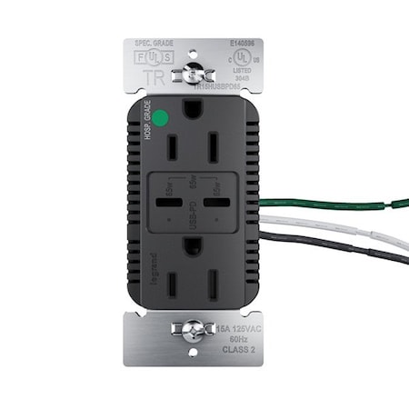 Legrand USB Receptacle, 15 A, Black, Nylon TR15HUSBPD65BK