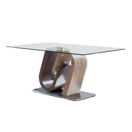 Homeroots 71" Clear Brown Silver Glass And Stainless Steel and Manufactured Wood Pedestal Base Dining Table 383827