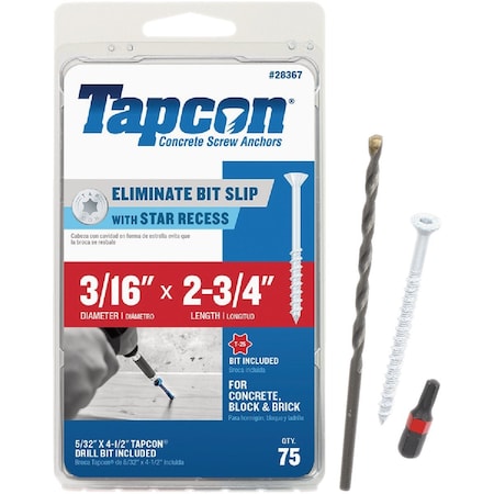Tapcon 3/16'' x 2-3/4'' Star Drive Flat Head White Concrete Screw Anchors, 75 Ct. 28367
