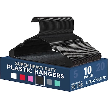 Lifemaster Heavy-Duty Plastic Hangers, Non-Slip, Space-Saving, Holds 5 lbs, Black, 10PK LMPLCBK10