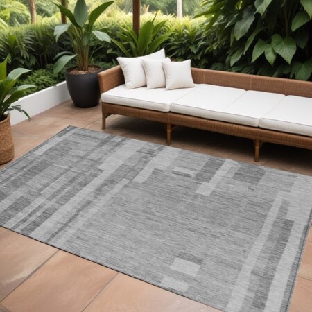 Homeroots 9' X 12' Gray And Silver Striped Washable Indoor Outdoor Area Rug 602789