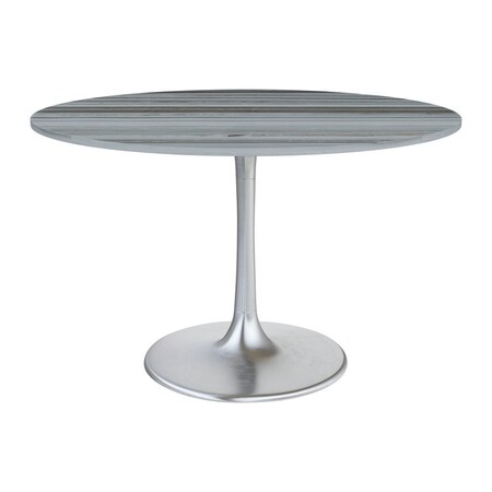Homeroots 48" Gray and Silver Marble and Aluminum Pedestal Base Round Top Dining Table 572238