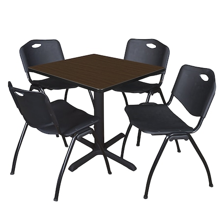 Regency Square Cain Breakroom Table W/ 4 M Stack Chairs, 30 in W, 30 in L, Neo Walnut TB3030NW47BK