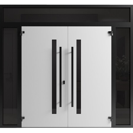 Vdomdoors Front Exterior Prehung Aluminum Double Doors Ronex0144 Grey 2 Sidelights and Top Transom Mirrored RONEX0144DEXD-GRE-W12+72+12xH80+16-LH-O