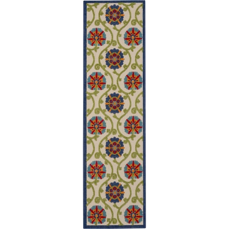 Homeroots 8' Navy Blue Beige Green Blue And Red Floral Indoor Outdoor Runner Rug 546780