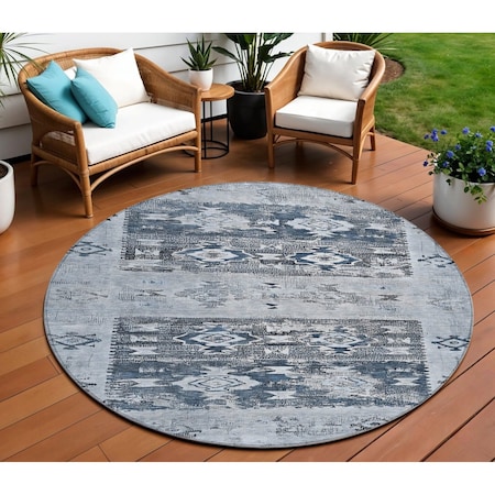 Homeroots 8' Blue And Denim Blue Round Aztec Washable Indoor Outdoor Area Rug 616594