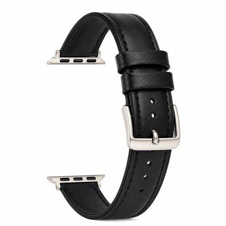 Elegani Leather Band Compatible with Apple Watch 45mm, Black, Silver, Black, Rose Gold, Yellow Gold Buckle QRPLLS-BLK-45
