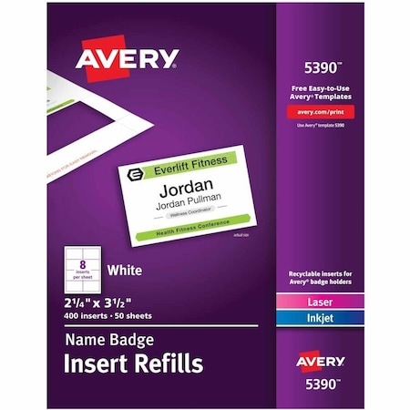 Avery Dennison Avery, NAME BADGE INSERT REFILLS, HORIZONTAL/VERTICAL, 2 1/4 X 3 1/2, WHITE, 400PK 5390