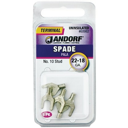 Jandorf Non-Insulated Spade Terminal, 600 V, 22 to 18 AWG Wire, #10 Stud, Copper Contact 60982