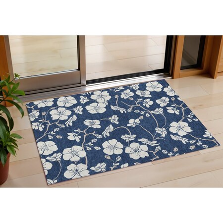 Homeroots 3' X 5' Navy Blue And Ivory Floral Washable Indoor Outdoor Area Rug 599898
