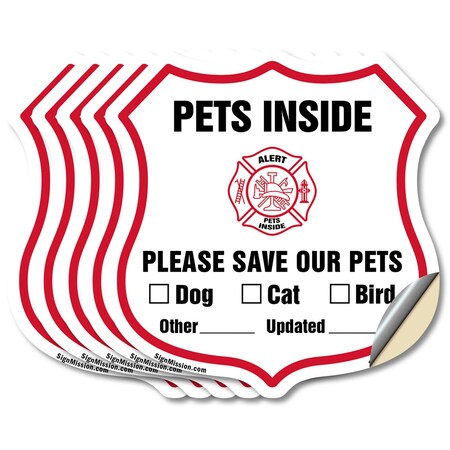 Signmission Pets Inside Shield Sign Alert Please Sav, 4 inch X 4 inch, Vinyl Decal, 5PK SHI-D-5PACK-4-429