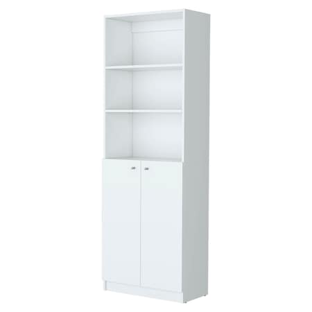 Homeroots 71" White Wood Three Tier Bookcase with Two Doors 546193