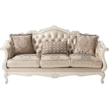 Homeroots 84" White Rose Gold And Beige Chenille Faux Leather And Wood Sofa With Toss Pillows 490998