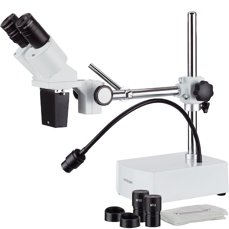 Amscope SE400 Compact Fixed-Lens Stereo Microscope 5X-10X on Boom-Arm Stand w/Gooseneck LED Light SE400-X