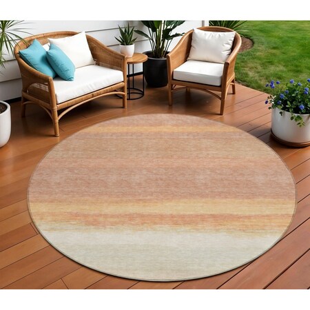 Homeroots 8' Salmon Round Striped Washable Indoor Outdoor Area Rug 608512