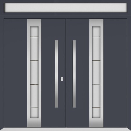 Vdomdoors Metal Double Doors Deux 0757 Gray Graphite Frosted Glass Top Transom Entry Modern Painted (W72xH96+ DEUX0757DEXD-GRE-W72xH96+14-LH-O