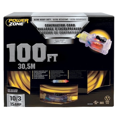 Powerzone Extension Cord, 10 AWG, Indoor/Outdoor, Yellow, 100 ft ORP511935